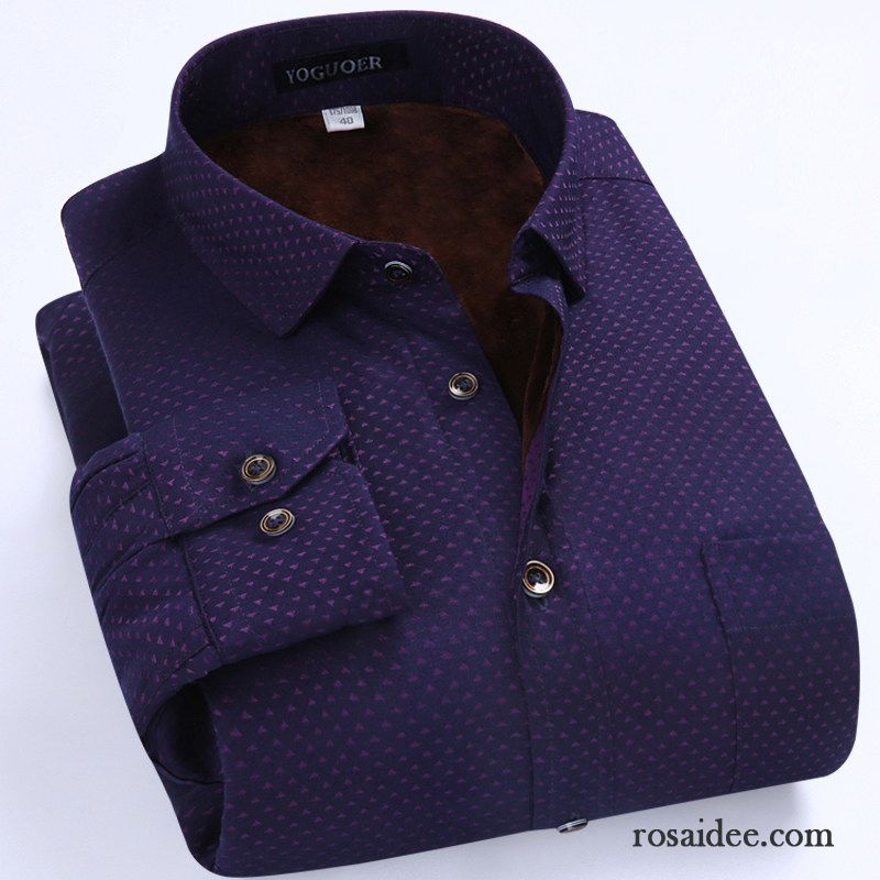 Karo Hemden Herren Slim Fit Freizeit Lange Ärmel Violett Verdickung Plus Samt Hemd Schlank Hemden Winter Drucken Herren Warme Sale