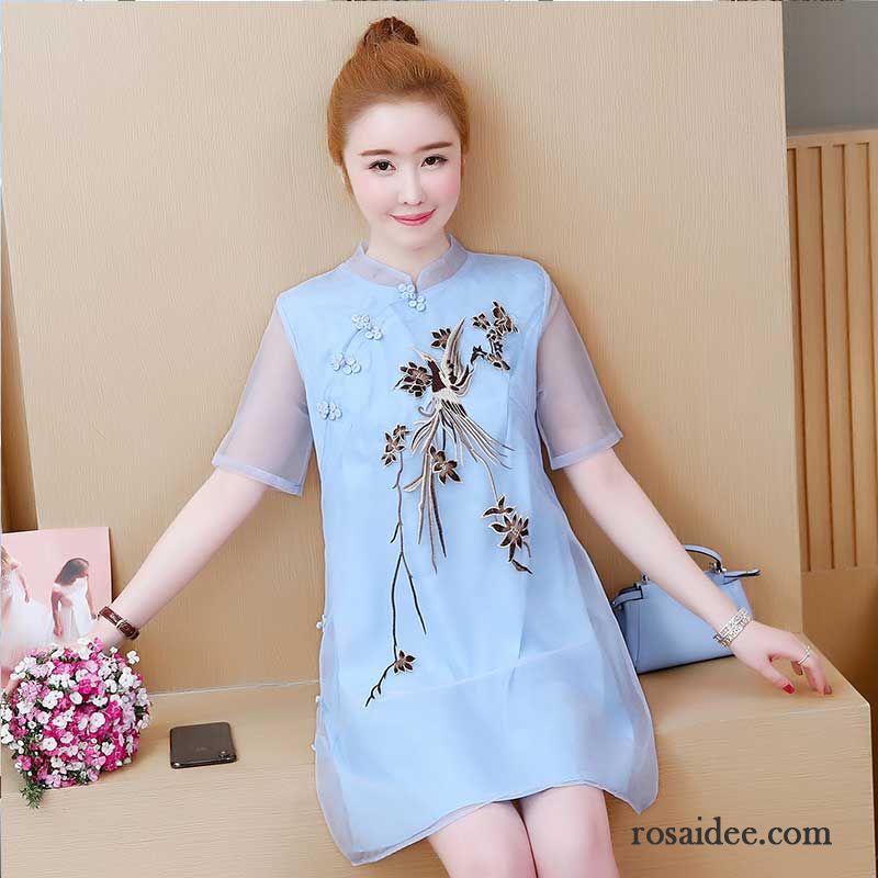 Kleider Damen Cheongsam Neu Baumwolle Temperament Sommer Blau