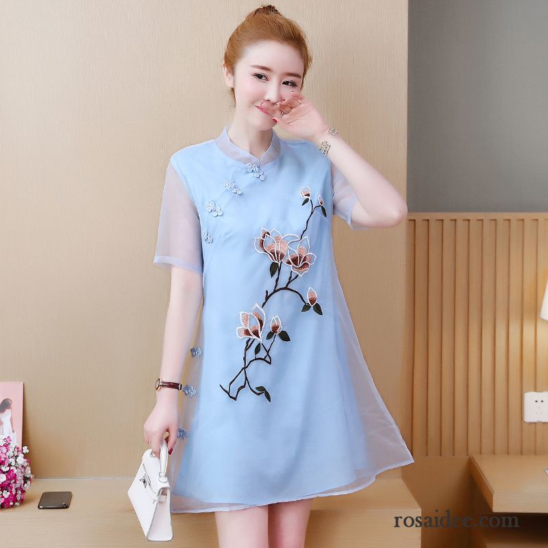 Kleider Damen Cheongsam Neu Baumwolle Temperament Sommer Blau