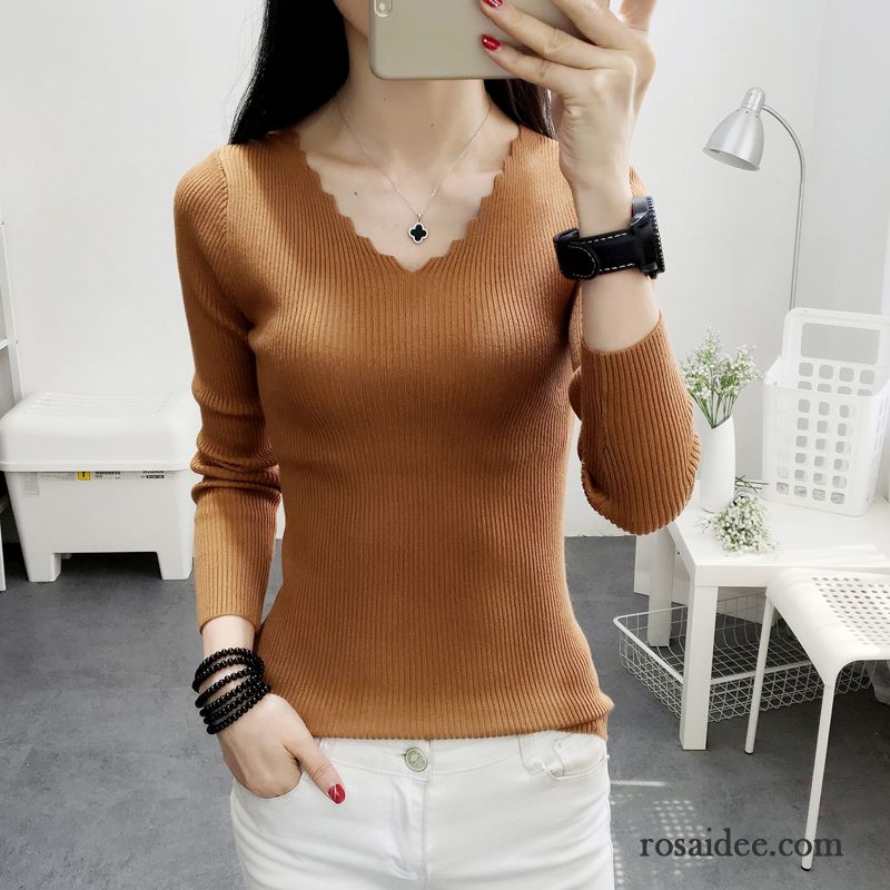 Kurzarmpullover Damen Lange Ärmel Pullover Damen Kurzer Absatz Grau Rein Allgleiches Elastisch Fest Schlank Unteres Hemd Strickwaren Rabatt