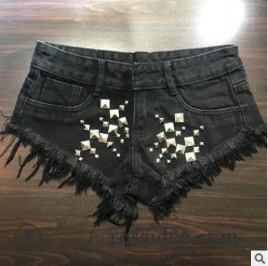 Kurze Hosen Damen Hot Pants Schlank Quaste Niedrigtaille Rand Ultra Hellblau Weiß