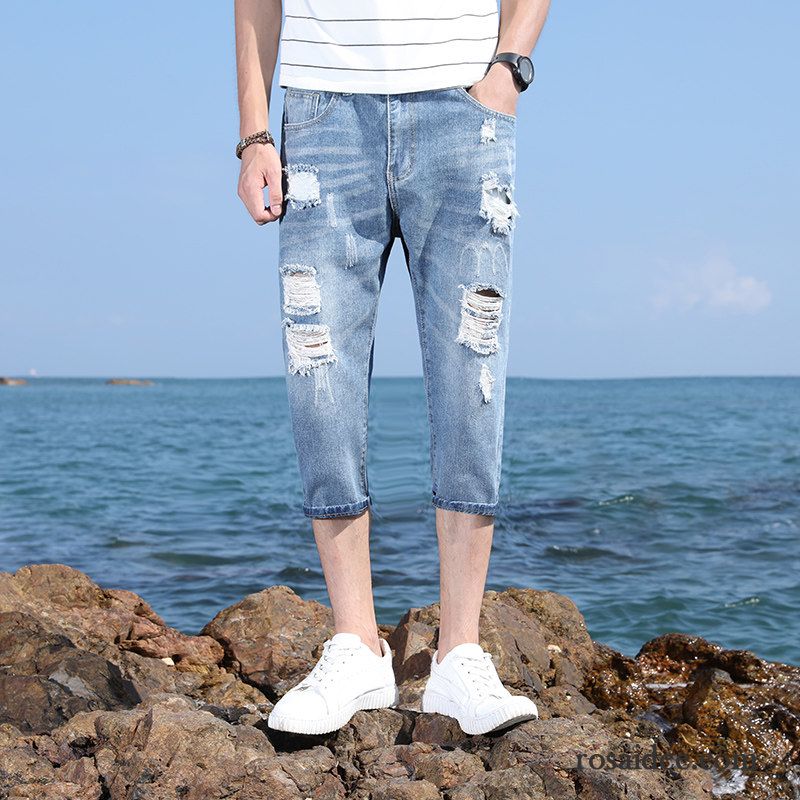 Kurze Hosen Herren Dünn Sommer Geschnittene Hose Löcher Jeans Trend Blau