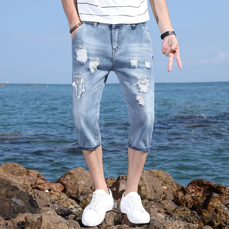 Kurze Hosen Herren Dünn Sommer Geschnittene Hose Löcher Jeans Trend Blau