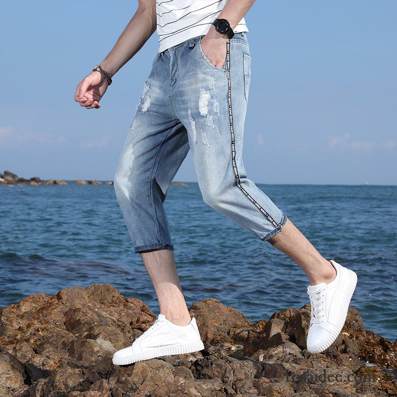 Kurze Hosen Herren Dünn Sommer Geschnittene Hose Löcher Jeans Trend Blau