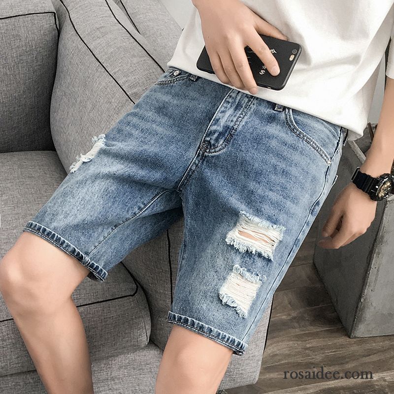 Kurze Hosen Herren Lose Sommer Trend Löcher Dünn Blau