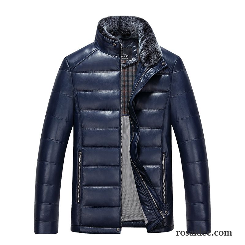 Lange Jacke Herren Echtleder Herren Daunenjacke Überzieher Pelz Kragen Modisch Winter Stehkragen Günstig