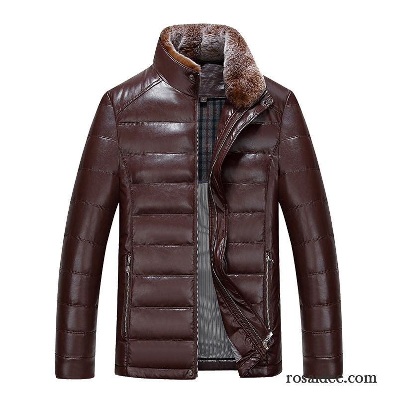 Lange Jacke Herren Echtleder Herren Daunenjacke Überzieher Pelz Kragen Modisch Winter Stehkragen Günstig