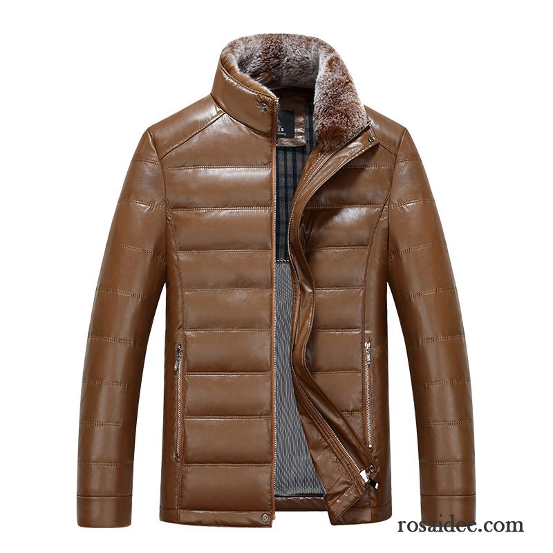 Lange Jacke Herren Echtleder Herren Daunenjacke Überzieher Pelz Kragen Modisch Winter Stehkragen Günstig