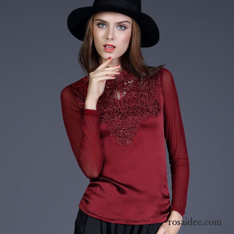 Lange T Shirts Für Frauen Herbst Seide Elegant Trend Mode Neue Schlank Damen Lange Ärmel Nettogarn Spleißen Unteres Hemd High-end Billig