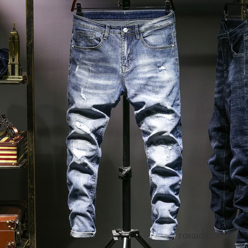 Lederimitat Jeans Herren Licht Jugend Jeans Elastisch Allgleiches Schlank Lange Schmales Bein Herbst Hose Patch Löcher Hell Trend Blau Herren