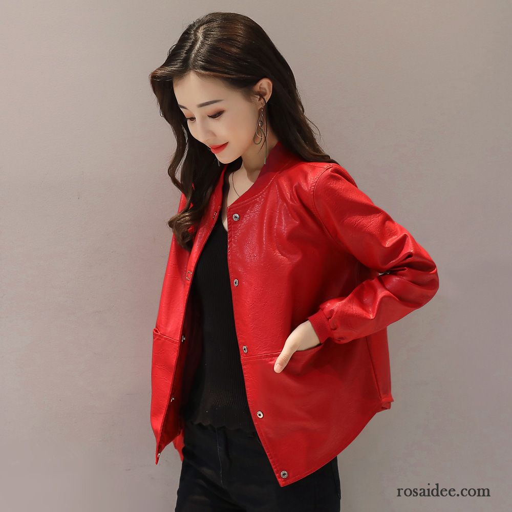 Lederjacke Damen Bolero Baumwolle Feder Lose Herbst Große Größe Rot