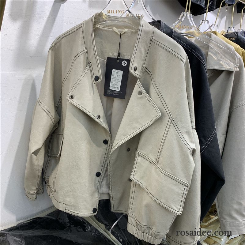 Lederjacke Damen Herbst Schläger Lose Bolero Große Größe Motorradanzüge Schwarz Beige