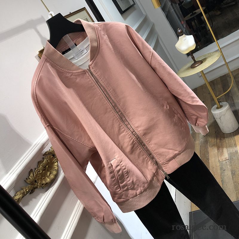 Lederjacke Damen Lose Kurzer Absatz Herbst Trend Überzieher Feder Rosa