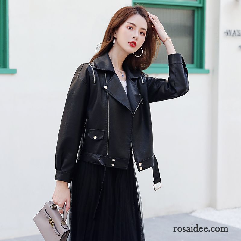 Lederjacke Damen Reißverschluss Revers Dünn Schlank Gürtel Trend Weiß Schwarz