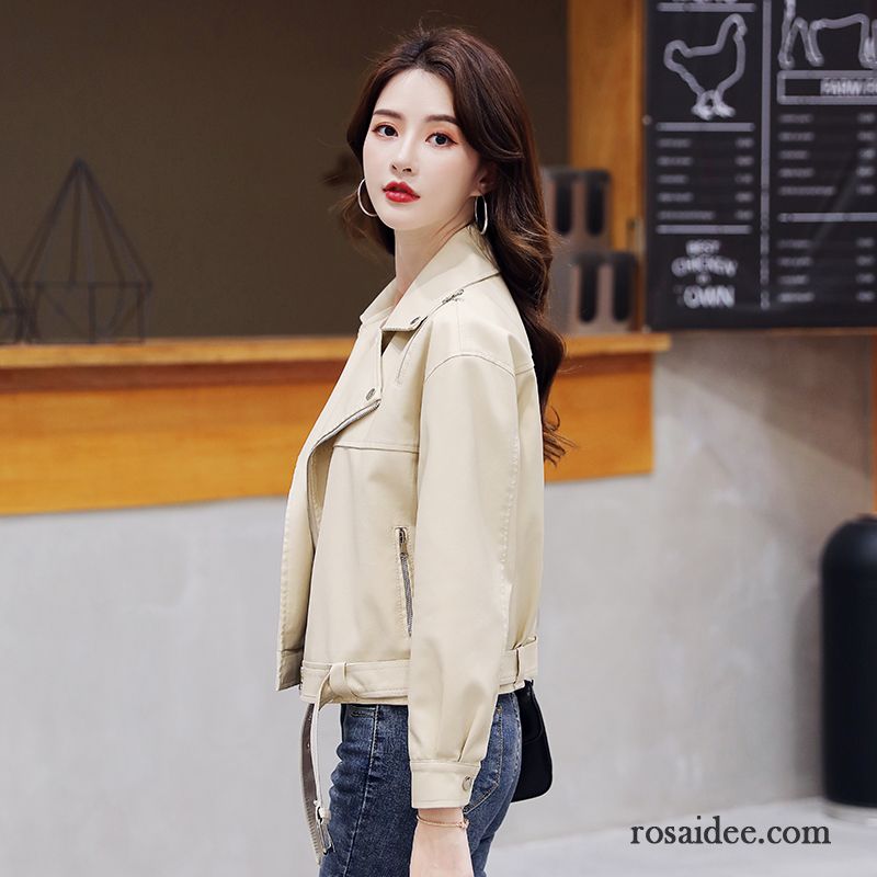 Lederjacke Damen Reißverschluss Revers Dünn Schlank Gürtel Trend Weiß Schwarz