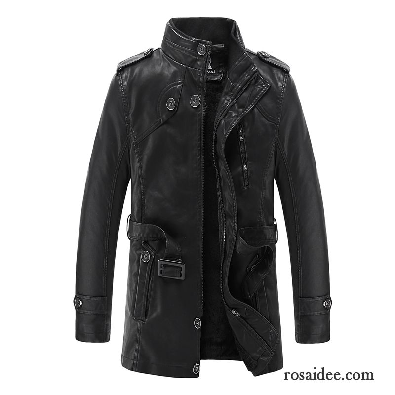 Lederjacke Herren Langer Abschnitt Winddicht Plus Samt Trend Winter Schlank Schwarz