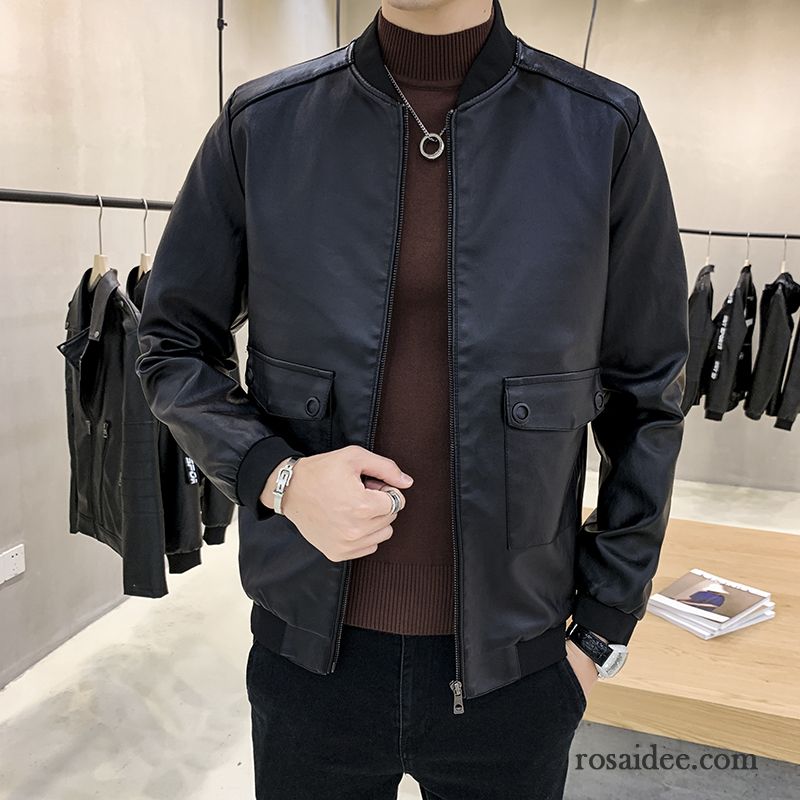 Lederjacke Herren Mantel Trend Herbst Feder Jugend Schlank Schwarz