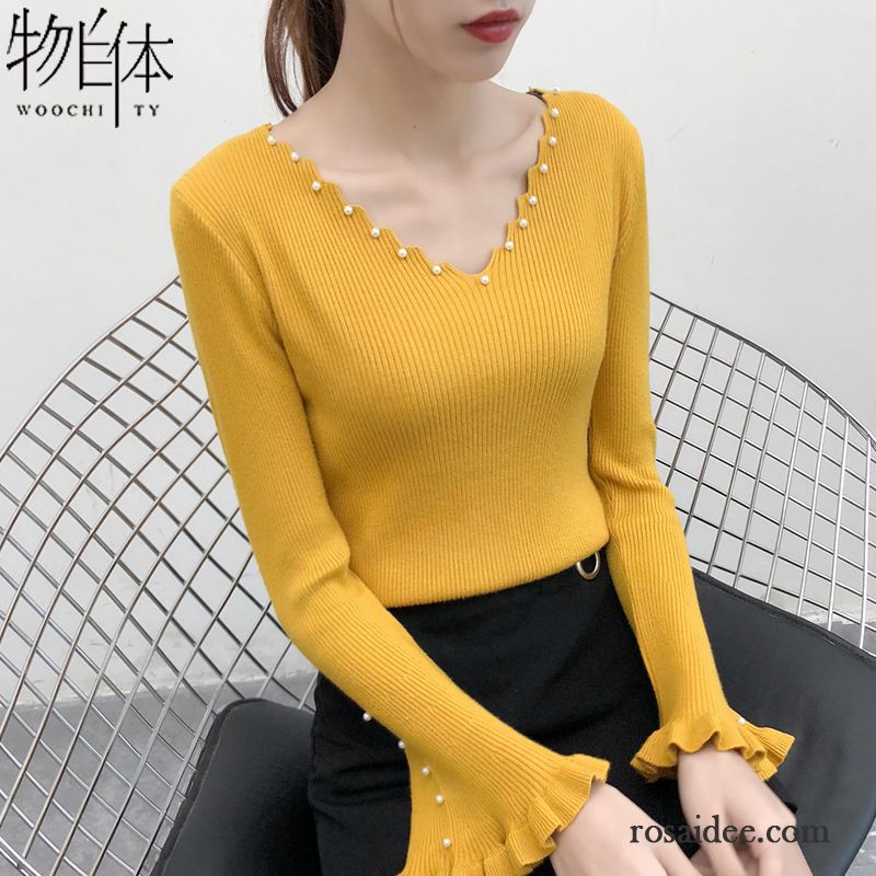 Lässige Pullover Damen Lange Ärmel Pullover Mantel Herbst Strickwaren Unteres Hemd Gelb V-ausschnitt Neu Damen Trend Horn Schlank Günstig