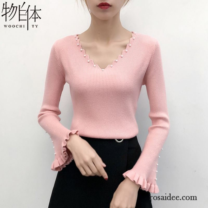 Lässige Pullover Damen Lange Ärmel Pullover Mantel Herbst Strickwaren Unteres Hemd Gelb V-ausschnitt Neu Damen Trend Horn Schlank Günstig