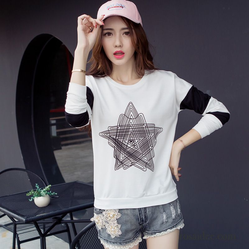 Mode T Shirt Damen Baumwolle Lose Rein Lange Ärmel Herbst Pentagramm Damen Drucken Muster Mode T-shirts Neu Billig