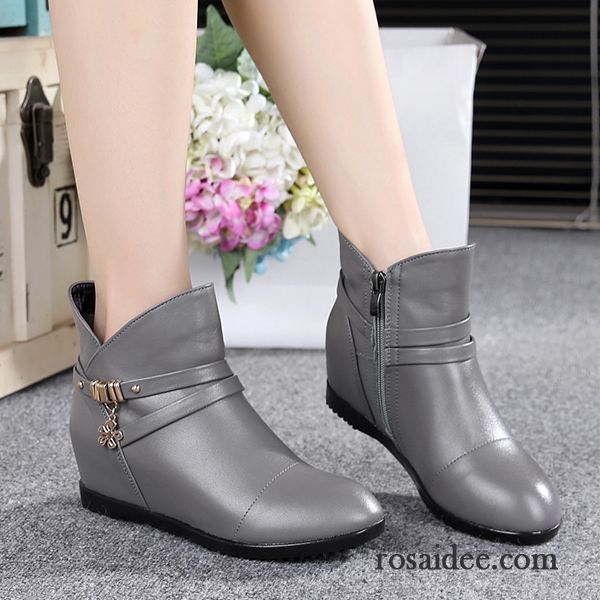 Online Schuhe Kaufen Feder Erhöht Neue Grau Flache Lederschuhe Herbst Winter Damen Kurze Stiefel Keilschuhe Echtleder Casual