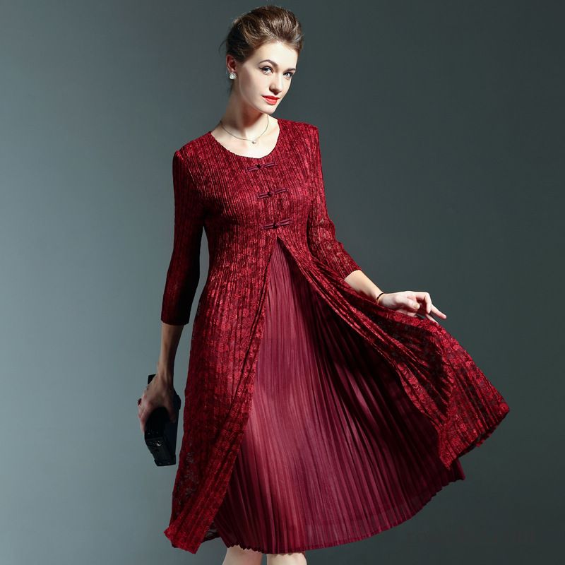 Online Shops Kleider Herbst Volants Kleider Damen Spitze Neu Spleißen Rundausschnitt Große Größe Chinesischer Stil Kaufen