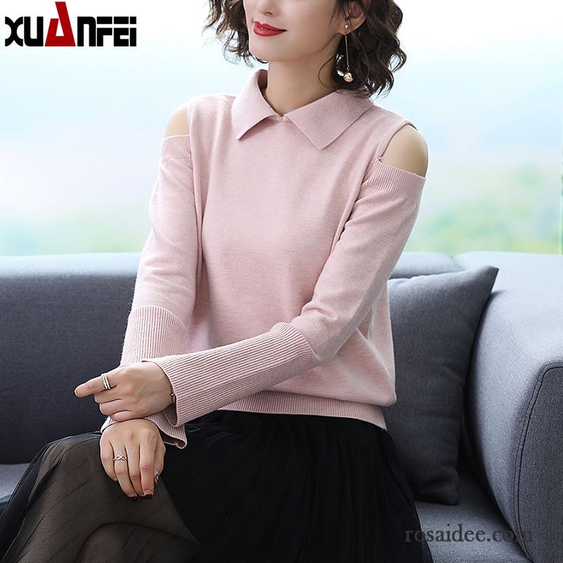 Pullover Damen Dünn Neu Strickwaren Trägerlos Revers Herbst Gelb