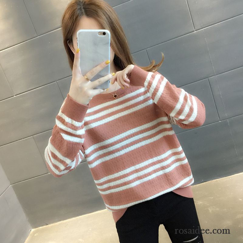 Pullover Damen Lose Feder Dünn Neu Unteres Hemd Streifen Gelb Rot