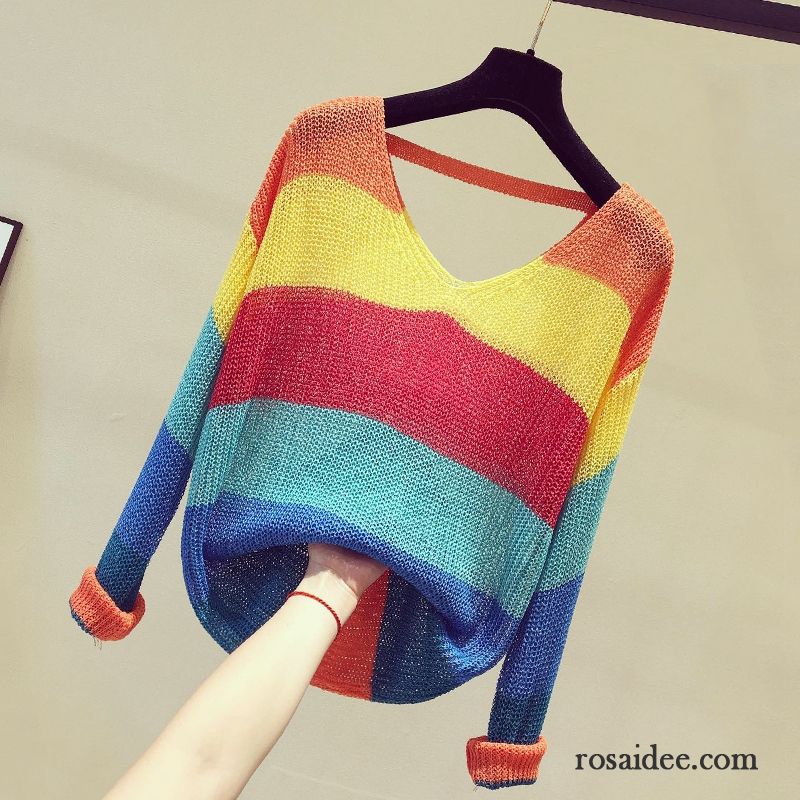 Pullover Damen Lose Streifen Unteres Hemd Schüler V-ausschnitt Trend Regenbogen Grün