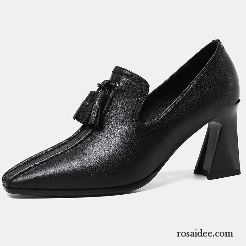 Pumps Damen Dick Herbst Feder Allgleiches Schnürschuhe Vierkantkopf Schwarz Dunkel