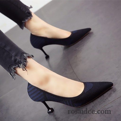 Pumps Schwarz Gold Spitze Blau Schnürschuhe Neue Damen Echtleder Temperament Stricken Dünne Fersen Mischfarben Pumps Feder Billig