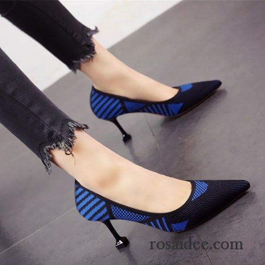 Pumps Schwarz Gold Spitze Blau Schnürschuhe Neue Damen Echtleder Temperament Stricken Dünne Fersen Mischfarben Pumps Feder Billig