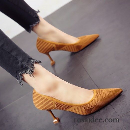 Pumps Schwarz Gold Spitze Blau Schnürschuhe Neue Damen Echtleder Temperament Stricken Dünne Fersen Mischfarben Pumps Feder Billig