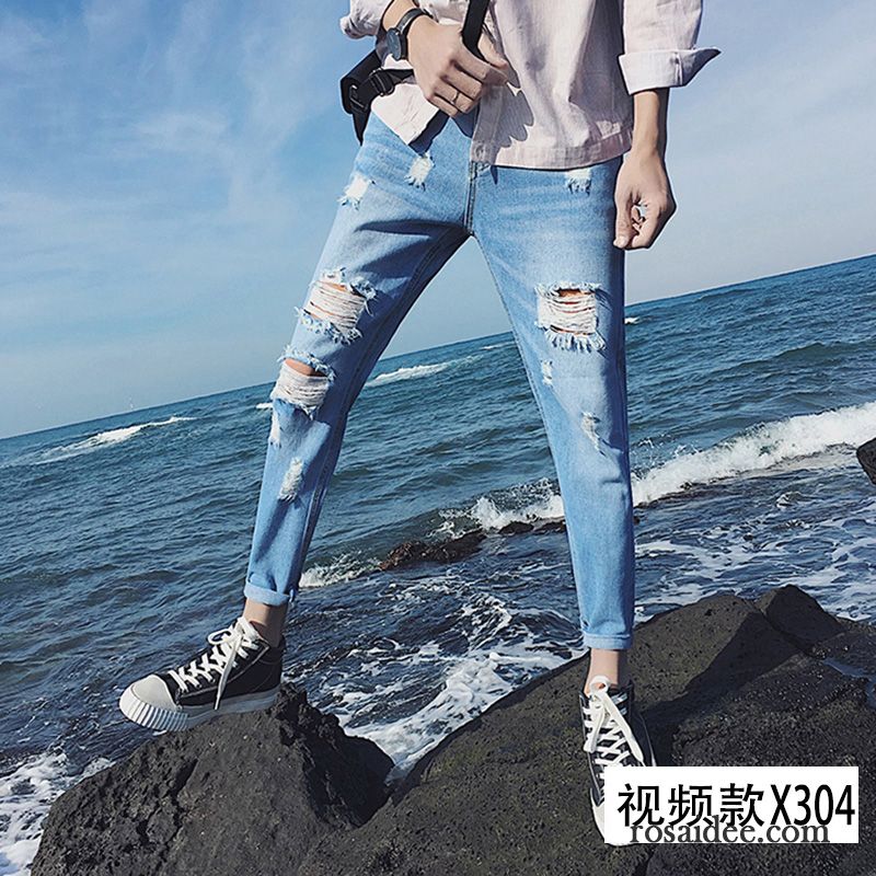 Relaxed Jeans Herren Hose Schlank Dünn Löcher Blau Trend Sommer Herren Schmales Bein Jeans Billig