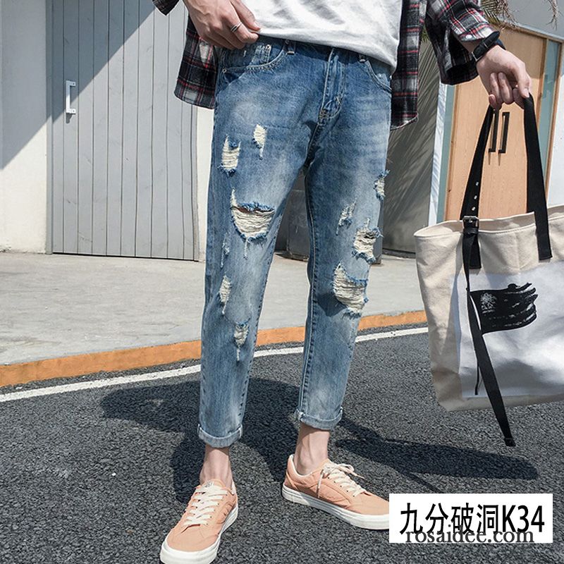 Relaxed Jeans Herren Hose Schlank Dünn Löcher Blau Trend Sommer Herren Schmales Bein Jeans Billig