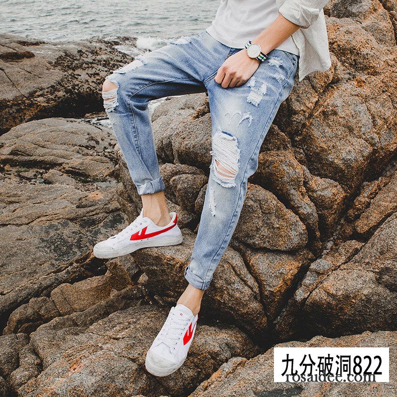 Relaxed Jeans Herren Hose Schlank Dünn Löcher Blau Trend Sommer Herren Schmales Bein Jeans Billig