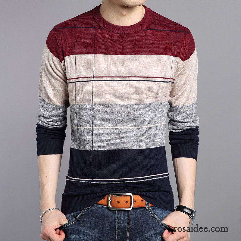 Rot Weiß Gestreiftes Shirt Rundhals Schlank Jugend Herbst Stricken Unteres Hemd Dünn Herren Große Größe Trend Lange Ärmel Günstig
