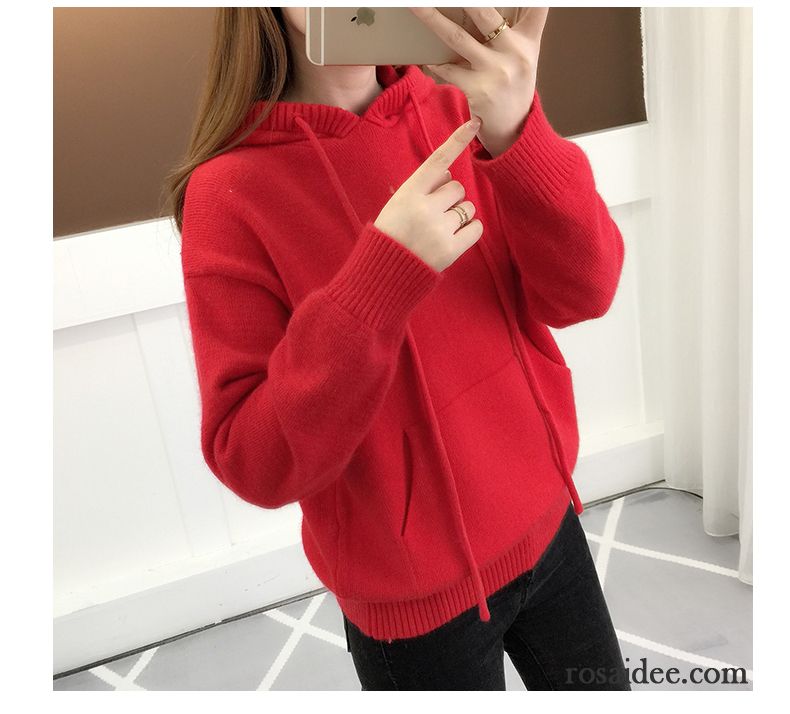 Roter Strickpullover Damen Kurzer Absatz Mit Kapuze Winter Lange Ärmel Herbst Leder Rosa Strickwaren Damen Schüler Tasche Pullover Neu Hoodies Günstig