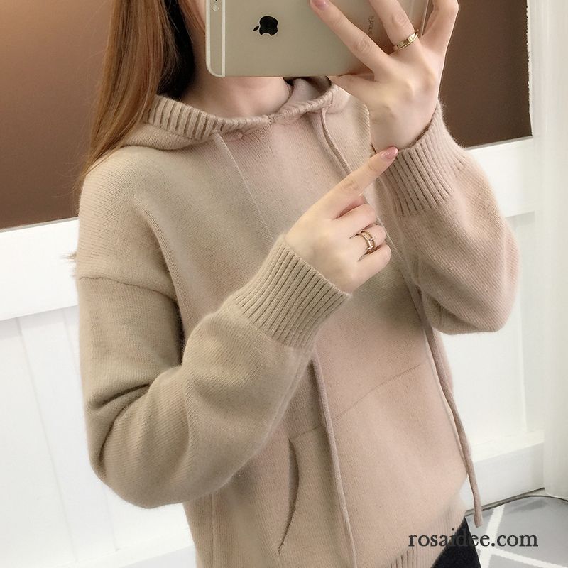 Roter Strickpullover Damen Kurzer Absatz Mit Kapuze Winter Lange Ärmel Herbst Leder Rosa Strickwaren Damen Schüler Tasche Pullover Neu Hoodies Günstig