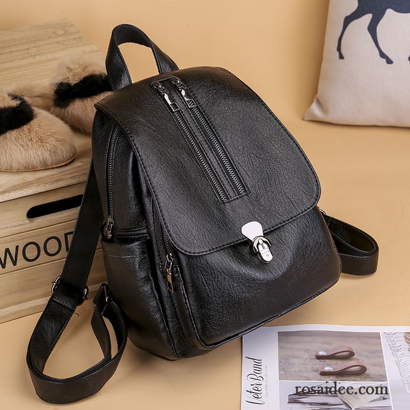 Rucksäcke Damen Retro Mode Das Neue Weiche Haut Rucksack Hohe Kapazität Schwarz