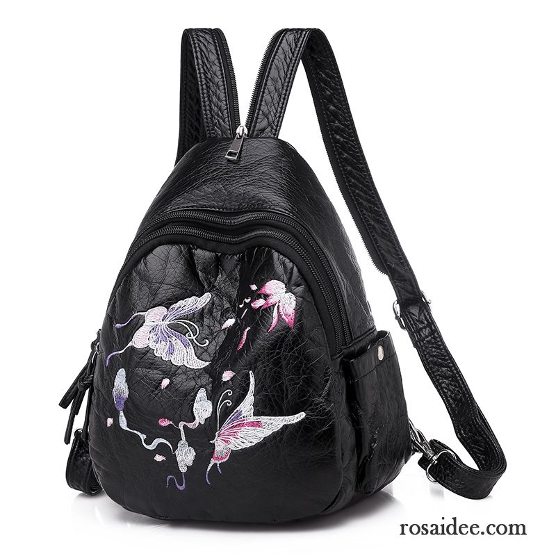 Rucksäcke Damen Taschen Rucksack Echtleder Mode Hohe Kapazität Stickerei Schwarz