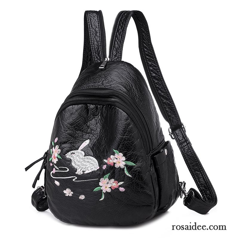 Rucksäcke Damen Taschen Rucksack Echtleder Mode Hohe Kapazität Stickerei Schwarz