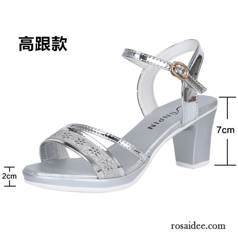 Sandalen Damen Echtleder Sommer Pumps Allgleiches Dick Neue Silber