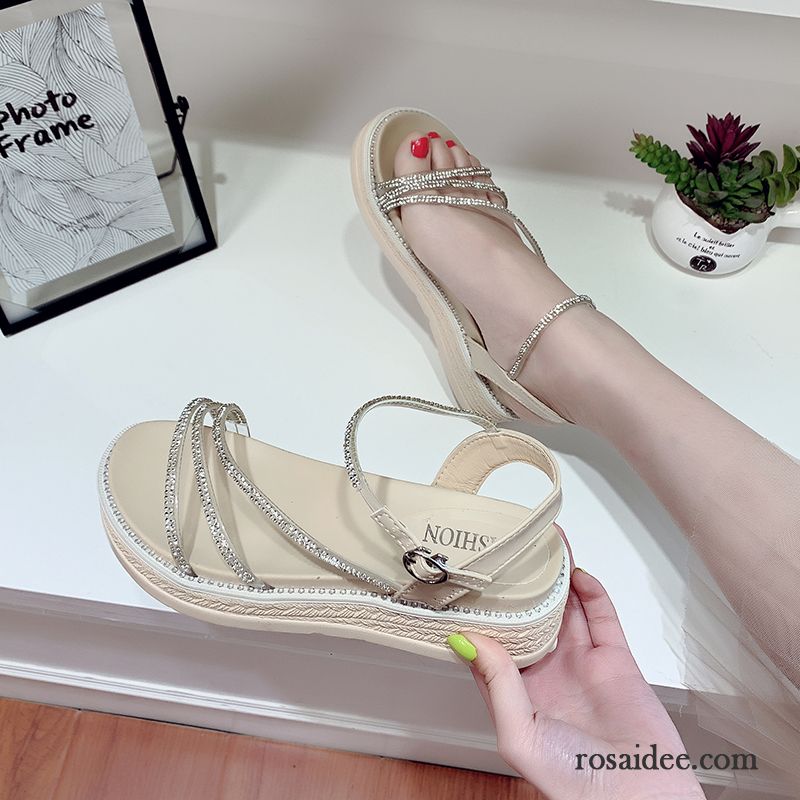 Sandalen Damen Erhöht Neue Süß Sommer Strasssteine Schuhe Beige