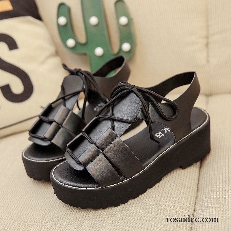 Sandalen Damen Plateauschuhe Sommer Neue Schnürung Dicke Sohle Mode Schwarz