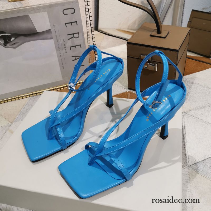 Sandalen Damen Rom Pumps Schuhe Dünne Fersen Allgleiches Vierkantkopf Blau