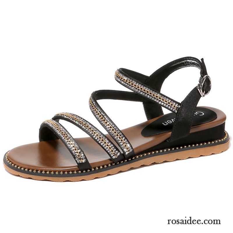 Sandalen Damen Rom Wasserdichte Plattform Strasssteine Casual Schuhe Flache Schwarz Gold