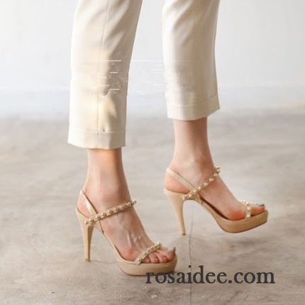 Sandalen Damen Sommer Hochhackigen Neue Wasserdichte Plattform Dünne Fersen Echtleder Beige Farbe