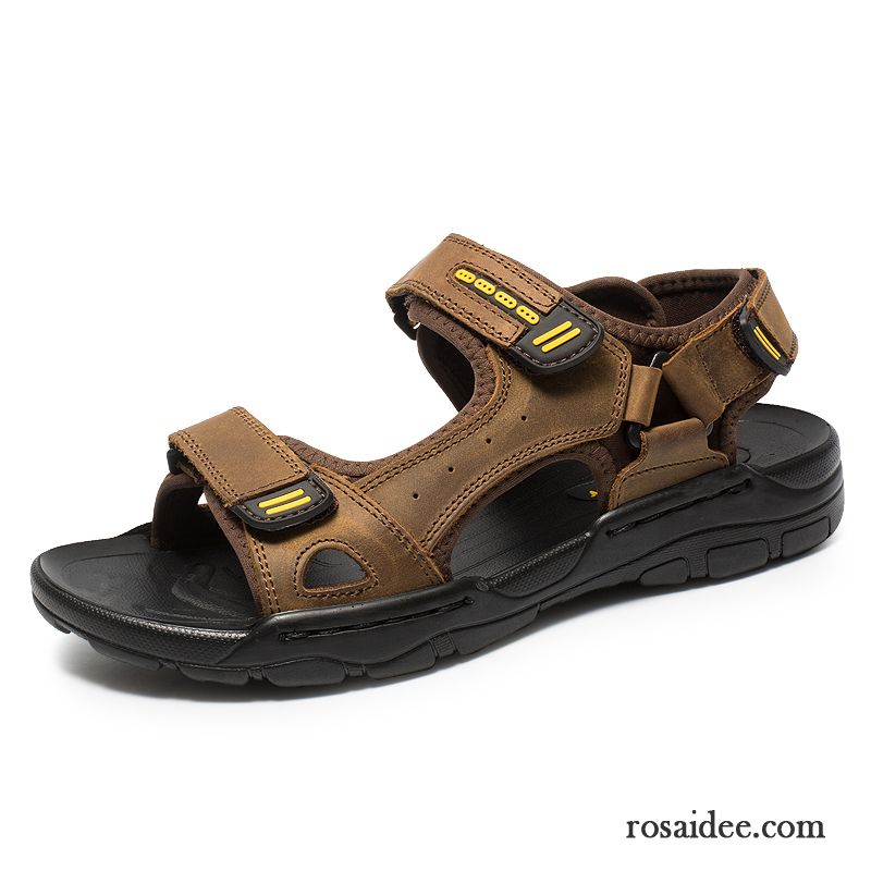 Sandalen Herren Casual Pantolette Schuhe Trend Echtleder Neue Sandfarben Schwarz