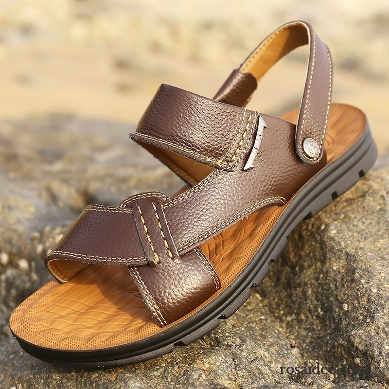 Sandalen Herren Dicke Sohle Sommer Pantolette Neue Echtleder Rutschsicher Sandfarben Braun